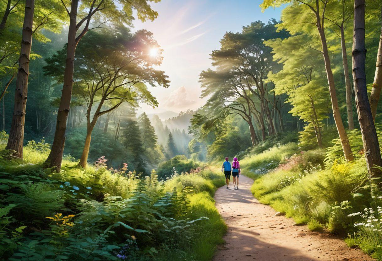 A serene landscape showcasing a winding path through a lush forest, symbolizing the journey of cancer care; include a diverse group of people with hopeful expressions, holding hands and supporting each other; in the background, subtle icons representing various treatments, statistics, and advocacy; an uplifting sky with soft sunlight filtering through the trees. super-realistic. vibrant colors. peaceful atmosphere.