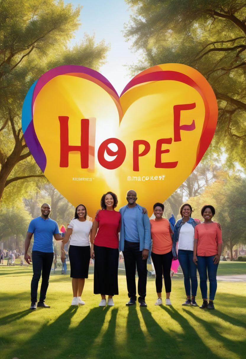 A diverse group of passionate advocates holding banners that symbolize hope and community support in a colorful park setting. In the background, a large ribbon shaped like a heart encompasses a collage of faces representing different ethnicities, each with a soft smile showcasing resilience. Sunlight beams down, illuminating the scene with warmth and positivity. The atmosphere is filled with energy, showing a community united for a cause. vibrant colors. super-realistic. 3D.